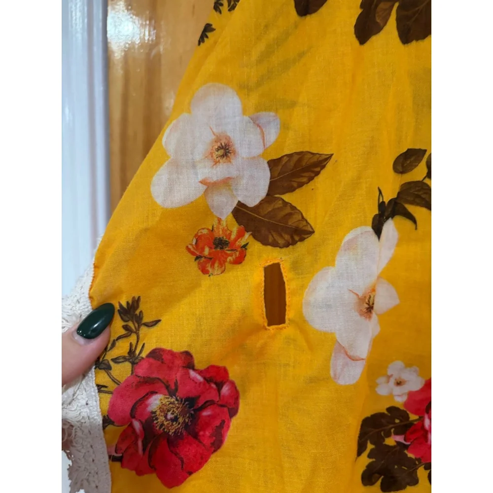 Agua Bendita Kids Floral Tunic Top Yellow Fringe Trim Size 4 (Missing Tie)